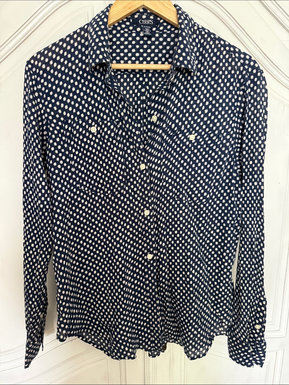 Chaps 100% Cotton Sheer Crinkle Button Down Blouse Preppy Nautical Coastal XL